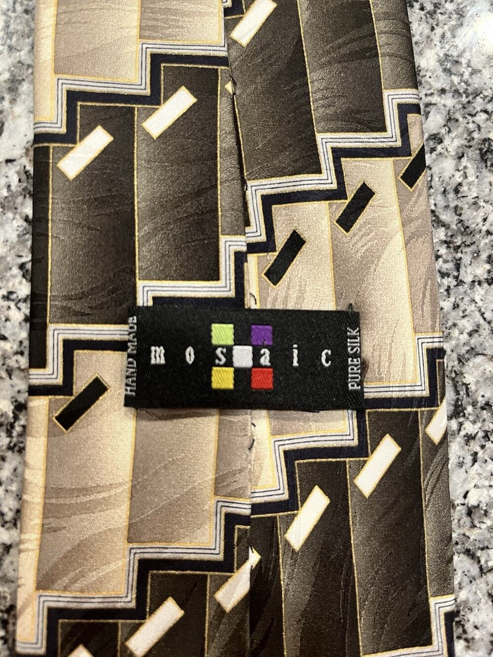 Mosaic Men's Handmade Silk Geometric Tie Classic Width Black Beige Gray - A1